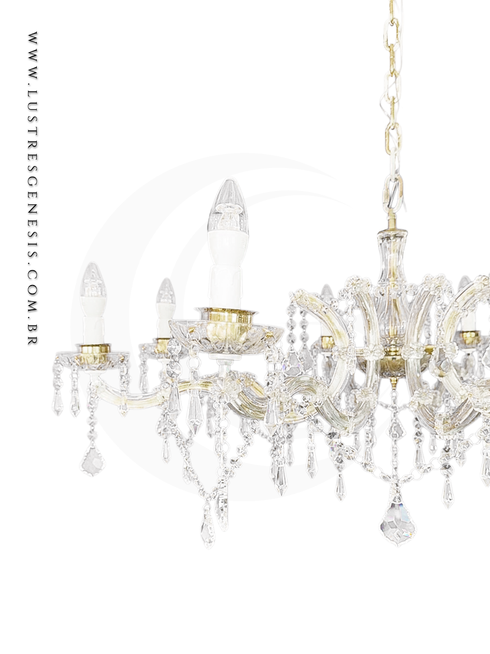 Lustre de Cristal Cl&aacute;ssico Ouro Cristal Transparente 8 Bra&ccedil;os